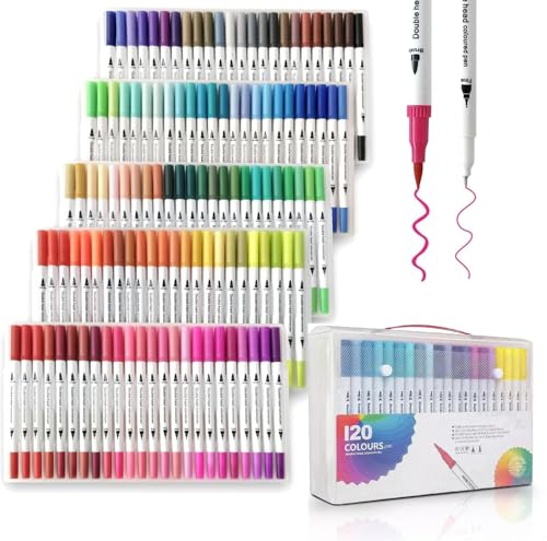 Kit 120 Canetas Ponta Dupla Brush Pen e Fine Line - Estojo Dual Touch com Marcadores para Colorir, Profissional, 120 Cores Diferenciadas - Linha Premium para Desenho, Presente Infantil