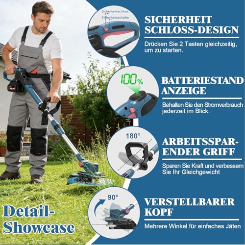 YEXLXLN Rasentrimmer mit Akku, Akku Rasentrimmer für Makita-Akkus mit 5 Klingentypen, 21V Rasentrimmer mit Unkrautbürste, mit 2X4.0Ah Akku Freischneider, Tap&Go M10 x 1,25, für Garden Trimmen