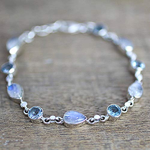 Novica Handmade Misty Sky - Blue Topaz And Rainbow Moonstone Gemstone Bracelet, Women's Link Bracelets, Women Bracelets, Pear Shaped Multi-Gemstone Tennis Bracelets For Women, Christmas Gifts #TOP4