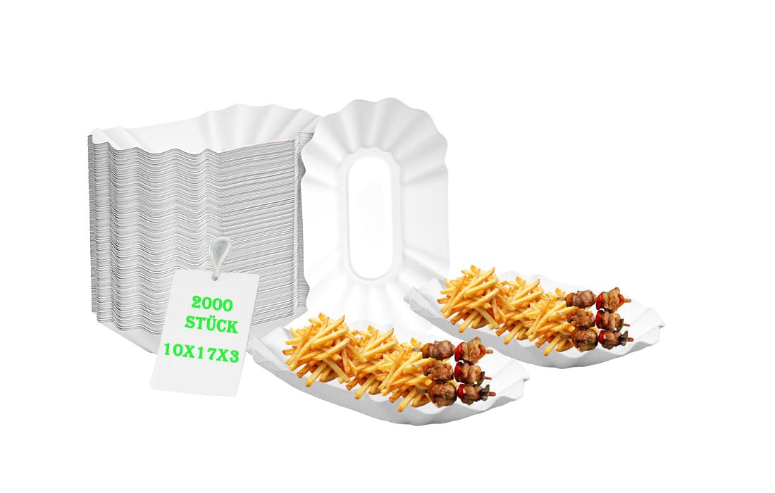 Lauroo Pappschale - KU OB 10x17x3 cm – 2000 Stück | Einweg Snackschale aus Papier für Pommes, Currywurst, Grill, Party & Catering | Umweltfreundlich, Fettabweisend, Recyclebar