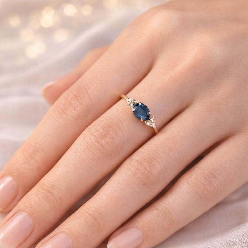 Oval Cut Blue Sapphire Ring for Women Minimal Gold Band with Diamond 14K Yellow Gold Handmade Promise Engagement Ring September Birthstone Gift For Wife