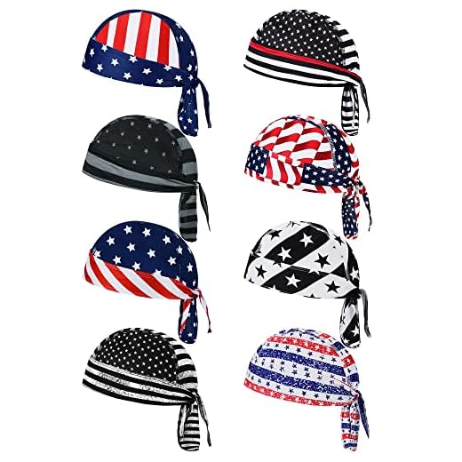 8 Pack Do Rag Skull Caps for Men Sweat Wicking Doo Rags Cooling Helmet Liner Cycling Motorcycle Bandana (American Flag Style) Multicoloured