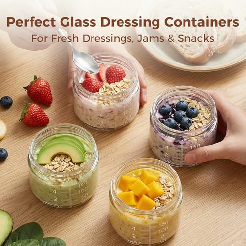 6oz Glass Jars with Airtight Lids - 4 Pack Overnight Oats Containers with Bamboo Lids, Small Food Containers with Measurement for Yogurt, Salad, Chia, Wide Mouth Mason Jar with Lid for Food Storage by HomArtist - Used condition - Image 4