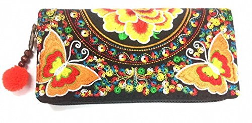 Wallet by WP Embroidery Butterfly Flower Zipper Wallet Purse Clutch Bag Handbag Iphone Case Handmade for Women, Orange Wallet