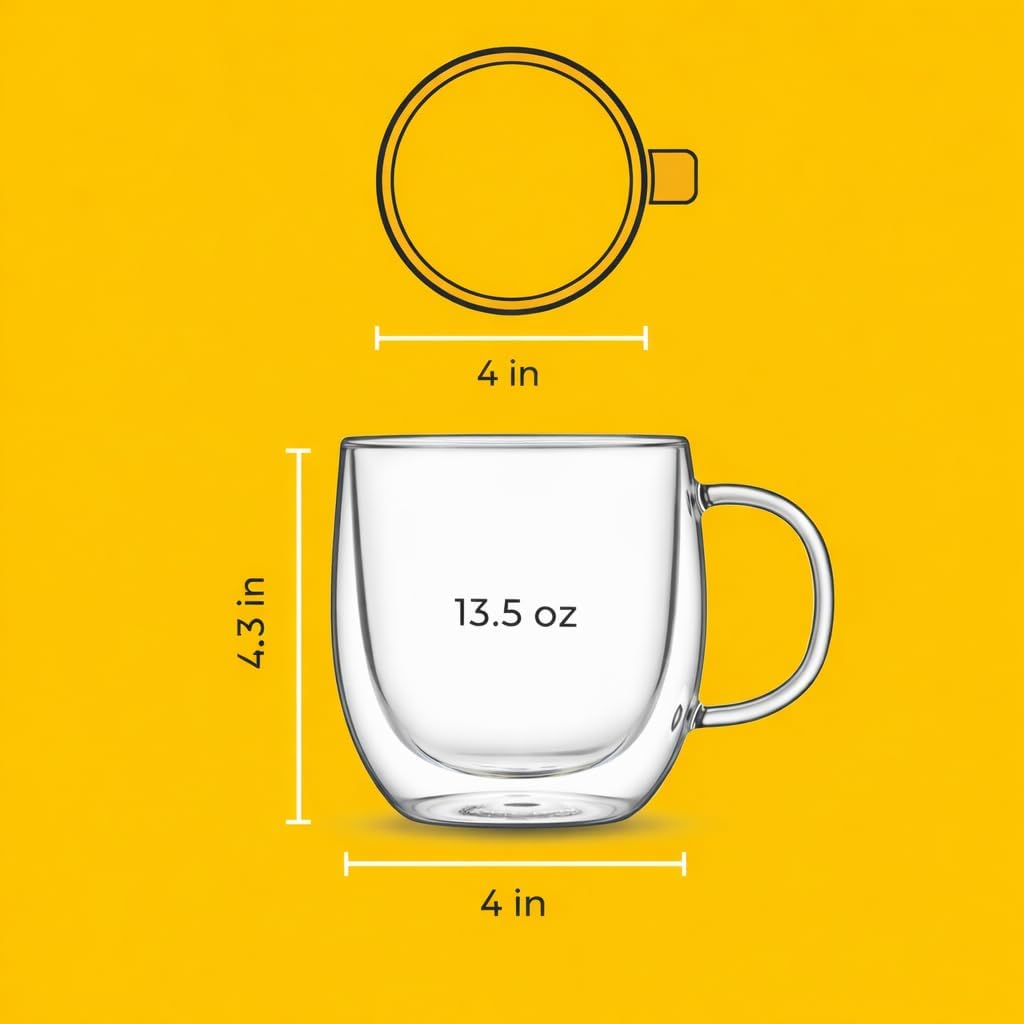 Double Wall Glass Coffee & Tea Mugs - 13.5 oz / 400 ml Insulated Clear Glass Tea Cups with Handle - Borosilicate Glass Mug for Latte, Tea, Cappuccino, Espresso, Hot and Cold Drinks (PACK OF 12)