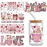 Valentine's Day UV DTF Cup Wrap Transfer Stickers for Glass 5 Sheets Pink Heart Beer Love Print Stickers for Tumblers Rub on Transfer Cup Stickers Waterproof Uvdtf Transfer Film for 16 OZ Glass Crafts