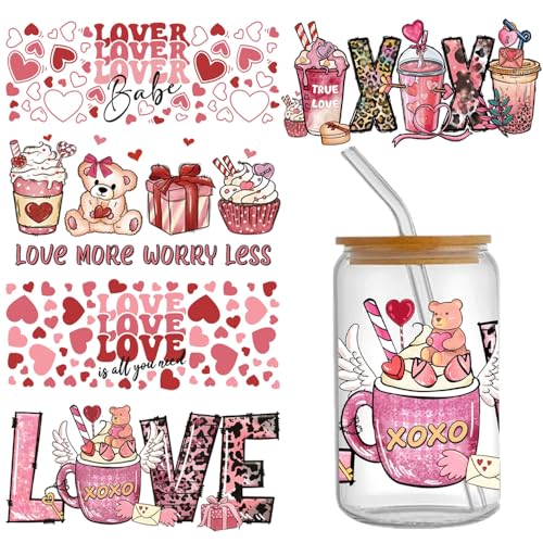 Valentine's Day UV DTF Cup Wrap Transfer Stickers for Glass 5 Sheets Pink Heart Beer Love Print Stickers for Tumblers Rub on Transfer Cup Stickers Waterproof Uvdtf Transfer Film for 16 OZ Glass Crafts