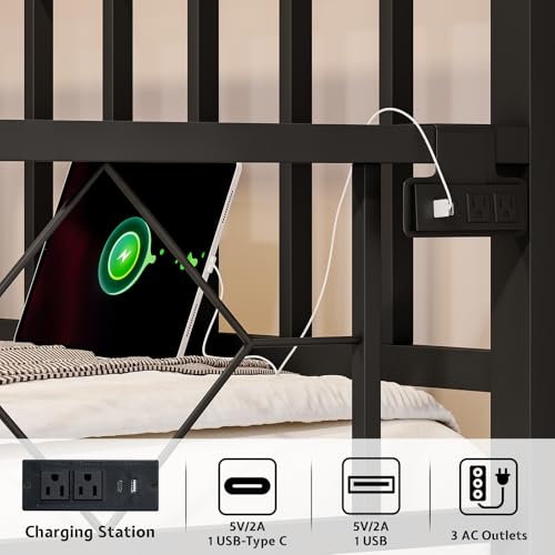 Jocisland DayBed with Charging Station and LED Lights, Metal Twin Daybed with Trundle, Versatile Sofa Bed Frame with Steel Slat Support for Living Room, Bedroom, Guest Room (Pure Black) - Thumbnail 6
