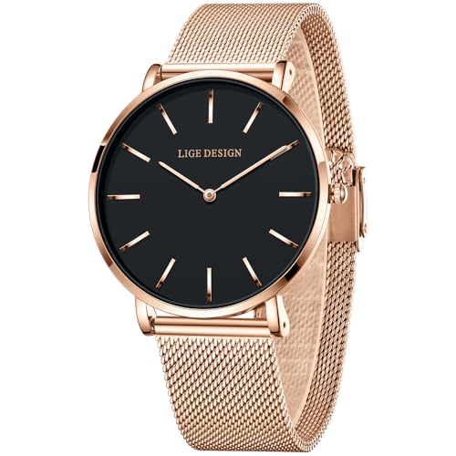 LIGE Reloj Mujer, Cuarzo Analógico Relogio Feminino, Reloj Ultradelgado, Esfera Grande, Acero Inoxidable Impermeable 3ATM, Diseño Clásico, Sencillo y Elegante, Rosa/Negro LIGE Reloj Mujer, Cuarzo Analógico Relogio Feminino, Reloj Ultradelgado, Esfera Grande, Acero Inoxidable Impermeable 3ATM, Diseño Clásico, Sencillo y Elegante, Rosa/Negro