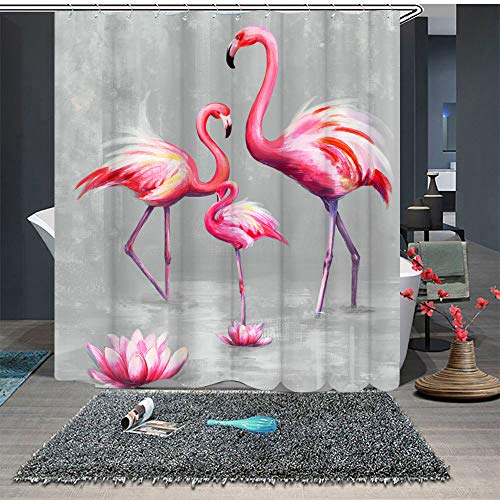 Rnnjoile Flamingo Shower Curtains For Bathroom Tropical Shower Curtain Pink And Gray Fabric Bathroom Decor With Hooks 72 Inchx72 Inch Inches thumb #3