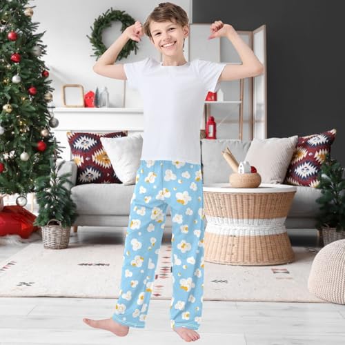 Boy's Pj Pants Popcorn Fluffy Light Blue Lounge Bottoms Elastic Kids Sweatpants Joggers with Pockets Size 6-142