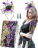 Unittype 4 Pcs Mardi Gras Accessories Mardi Gras Shawl Scarf with Feather Headband Vintage Tassel Fringe Earrings 20s Costume(Purple, Green, Gold)