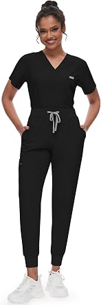 niaahinn Scrubs for Women Set - Classic V-neck Top & Yogga Waistband Jogger Pants with 8 Pockets Breathable Slim Fit Suit