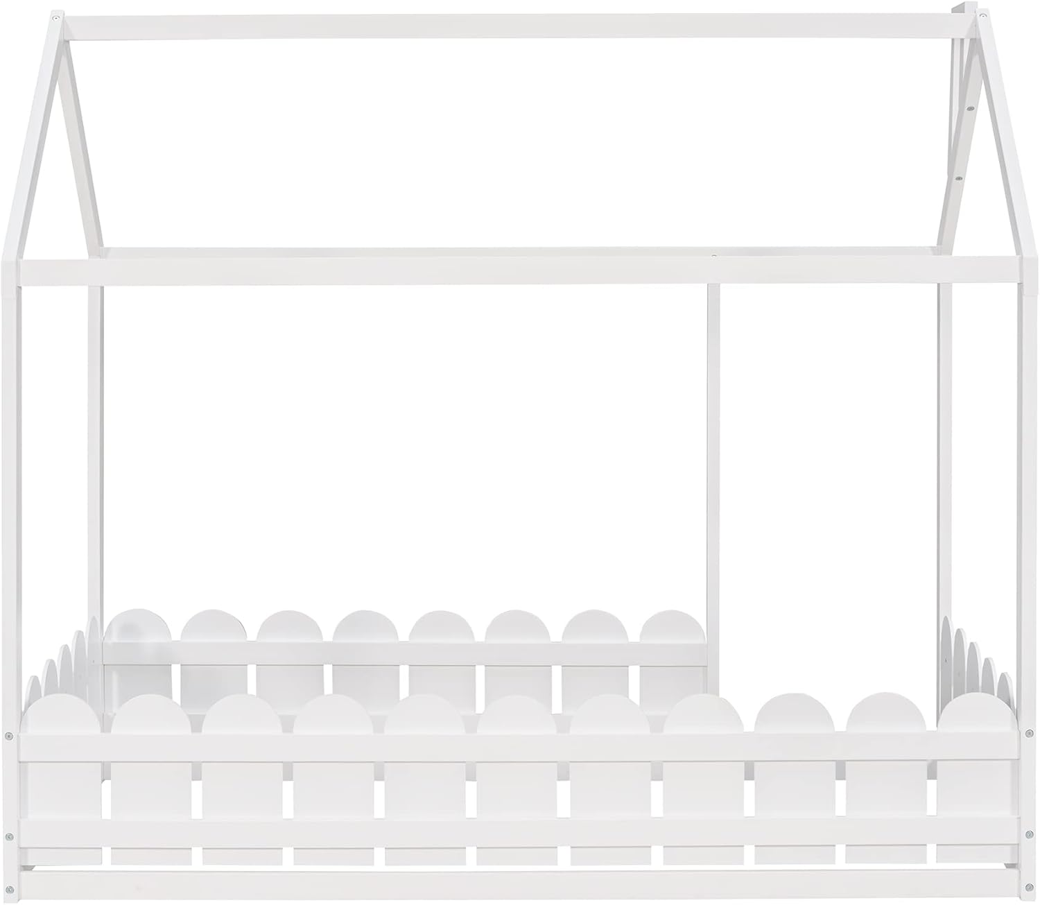 MERITLINE House Bed Twin Size Kids Bed Frame with Roof and Fence, Box Spring Needed (White)