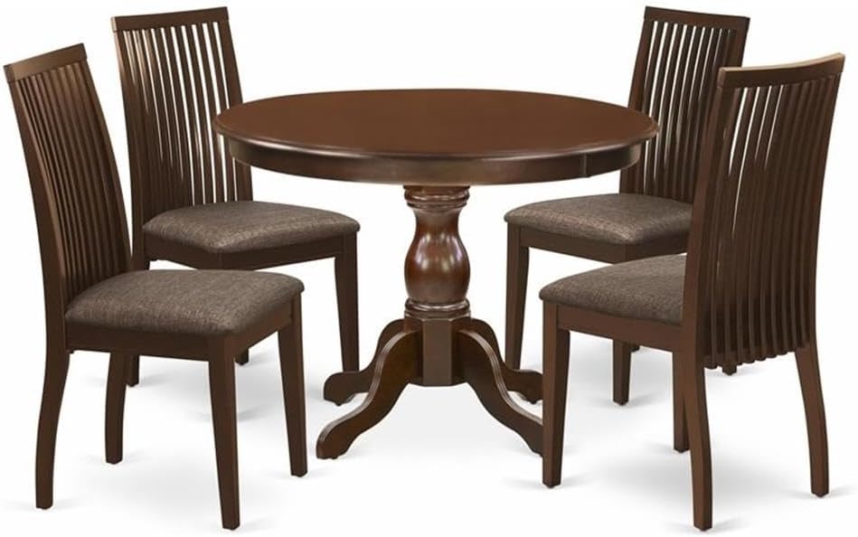 Incomplete table only, pedestal not included, East West Furniture HBIP5-MAH-C 5 Piece Dinette Set for 4 Includes a Round Dining Room Table with Pedestal and 4 Linen Fabric Upholstered Dining Chairs, 42x42 Inch, Mahogany