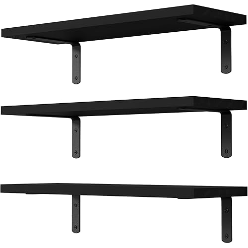 DOLLFIO Floating Shelves, 3 Sets Wall Shelves, Wooden Floating Shelves for Wall Décor, Wall Mounted Floating Shelf for Bathroom Storage, Floating Book Shelves for Wall, Bedroom, Living Room – Black