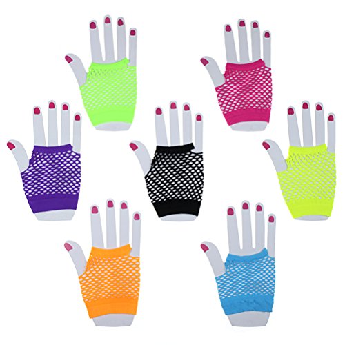 Haodeba 7 Pairs Stretchy Fingerless Fishnet Gloves For Parties, Assorted Brighted Color #TOP7