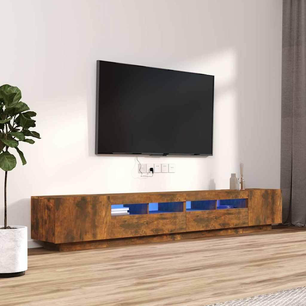 Mueble bajo en roble ahumado, 100/80 x 35 x 40 cm, material de madera con LED RGB para TV, mueble moderno con espacio de almacenamiento para salón, oficina o pasillo