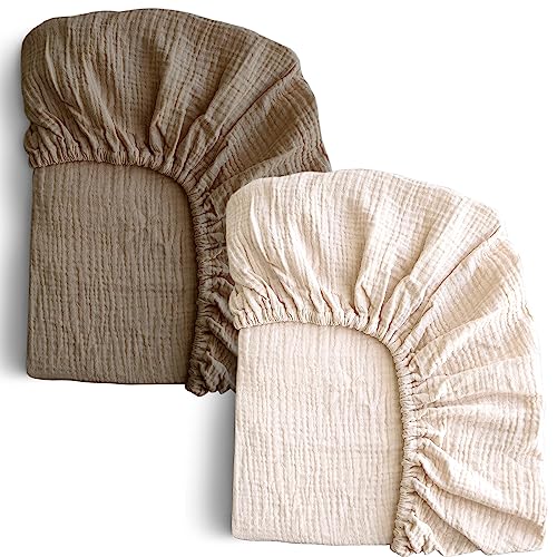 Image of COSMOPLUS-Muslin-Crib-Sheets-for-Girls-Boys-Neutral-Baby,2 Pack Boho Crib Matress Sheet,Fitted Crib Sheet for Standard Crib Mattress & Toddler Bed Mattress,Organic Cotton,Ivory & Iced Coffee