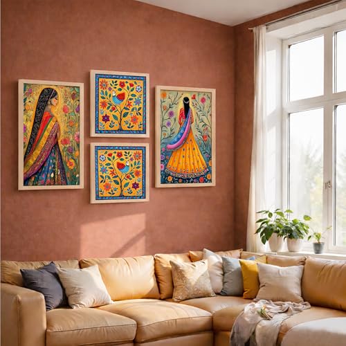 Image of NoWorries Folk Art Wall Art Frame Set of 4 | Traditional Indian Ethnic Painting Wooden Frames | HD Printed Decorative Wall Decor for Living Room Bedroom Office Home Interior