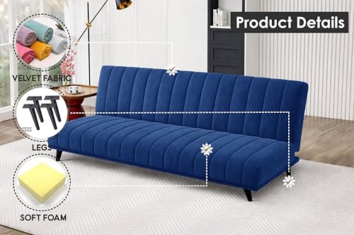 Image of Rosebell- Velvet Fabric Sofa Cum Bed 3-Seater Foldable Convertible Sofa, Modern Tufted Design Couch for Living Room, Guest Room & Office Blue Color