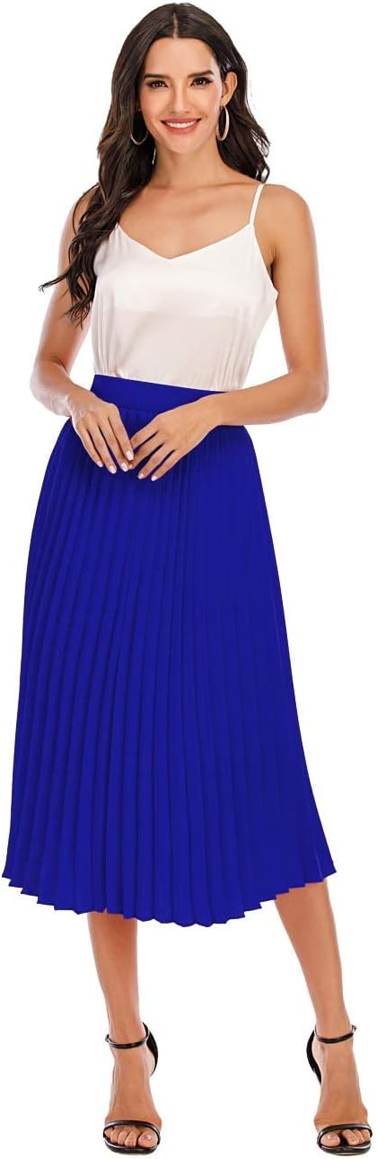 DRESSTELLS Pleated Midi Skirts for Women Midi Long Chiffon High Waisted A Line Skirts Shirring Swing Skirt with Lining Royalblue X-Small
