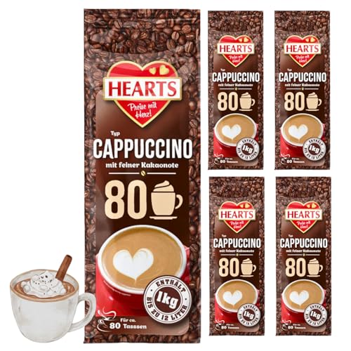 HEARTS Cappuccino mit feiner Kakaonote, 5 x 1kg lnstant Kaffeepulver, intensives Aroma, milchig, cremig, leicht löslich, 5er Vorratspackung, reicht für 400 Tassen