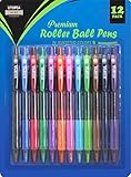 Pack of 12 Premium Roller - Black Ink Ball Pens - Bold Fine Point - Retractable and Refillable - Assorted Colors Design - Black Ink - by Utopia Home