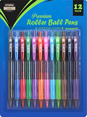Utopia Home Pack of 12 Premium Roller - Black Ink Ball Pens - Bold Fine Point - Retractable and Refillable - Assorted Color Bodies - Black Ink
