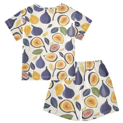 Pajama Short Sets Fig Leaf Pattern Print Soft Cotton Summer Sleepwear 2 Piece PJS Size 5-14T2