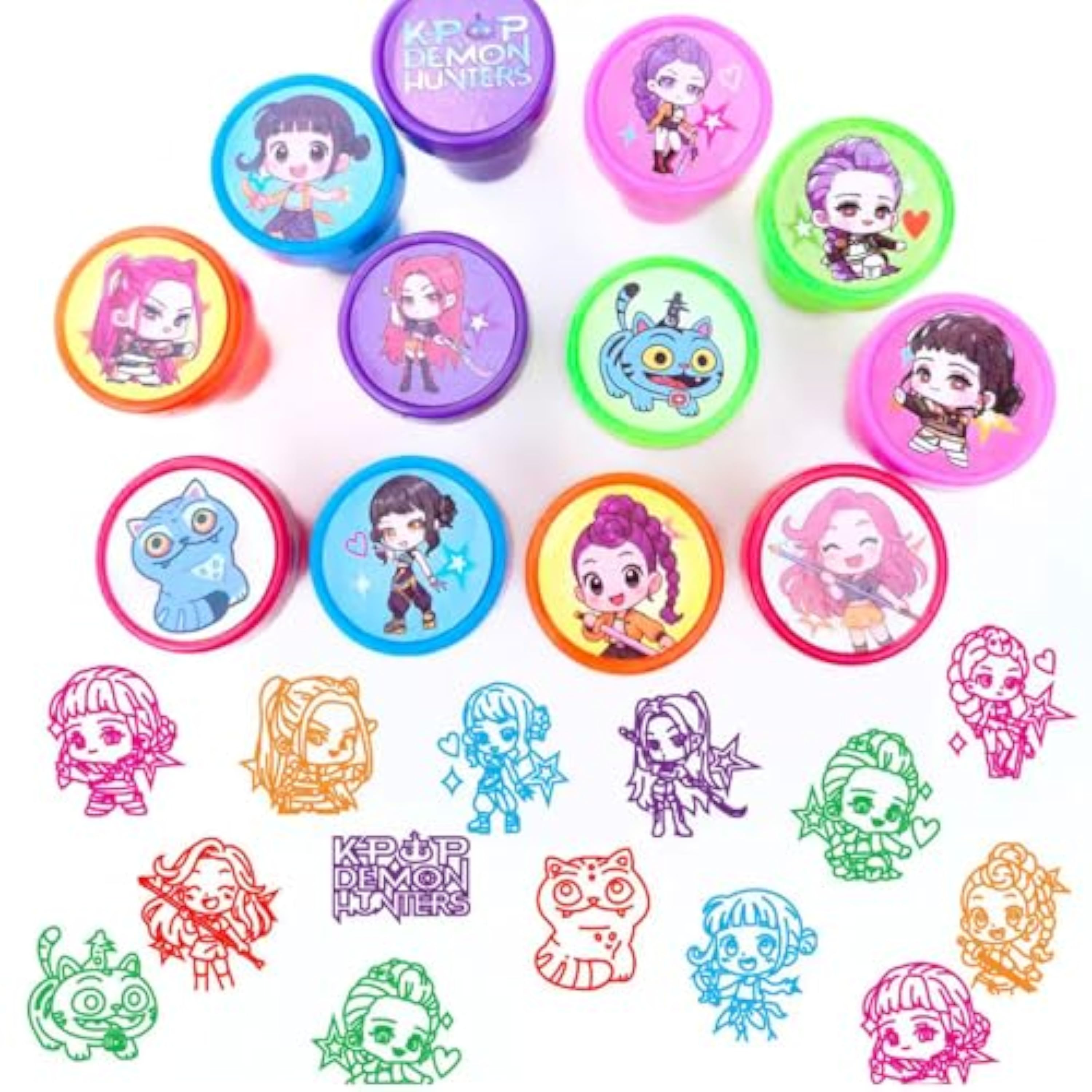 24 sellos Demon, Mini Hunters, sellos autoentintados para niños, sellos redondos multicolores, sellos de anime, bonitos dibujos animados para fiestas, pequeños regalos