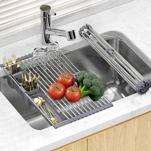 LIONONLY Expandable Roll Up Dish Drying Rack, 304 Stainless Steel Over The Sink Dish Drainer Rack, Foldable Rollable Kitchen Sink Rack with 2 Removable Utensil Holder 12.59”-12.59”to 23.22”