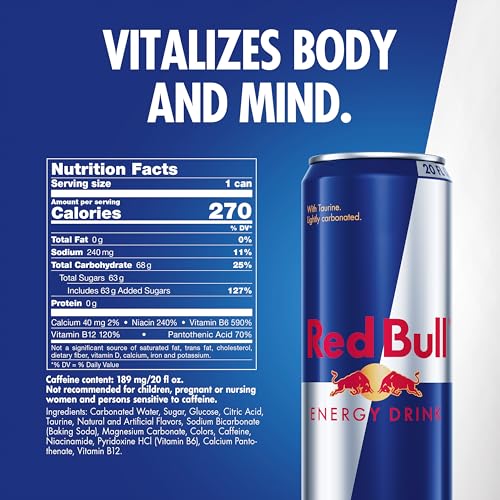 Image of Red Bull Energy Drink | contains caffeine, taurine, B-vitamins, sugar, and water, 20 fl oz, pack of 12 cans