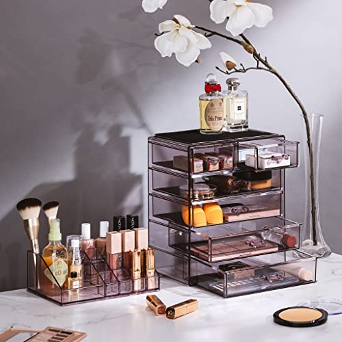 Image of Sorbus Acrylic Makeup Organizer Set, 6-Drawer Vanity & Countertop Cosmetic Storage with Small & Wide Compartments, Purple Makeup Storage for Brushes, Jewelry - Holiday Gift for Women & Teens
