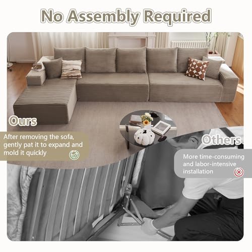 Image of 166.9 inch Cloud Sectional Couch with L-Shape Chaise, Modern Modular Comfy Sofa Chaise Longue, Upholstered Corduroy Couches Sleeper with Deep Seat for Living Room Bedroom, No Assembly Required, Camel
