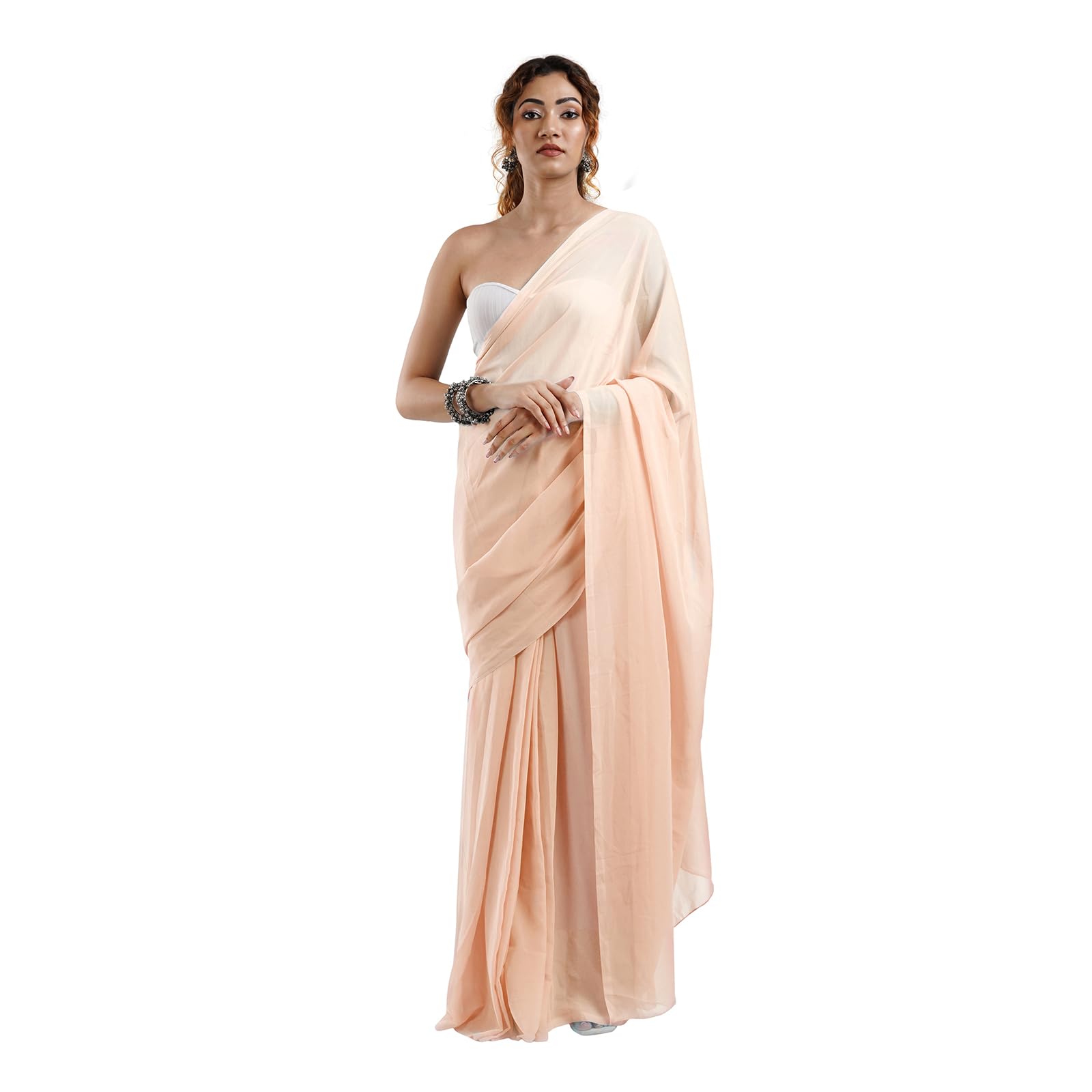 TEEJHFarah Peach Georgette Ready to Drape Saree