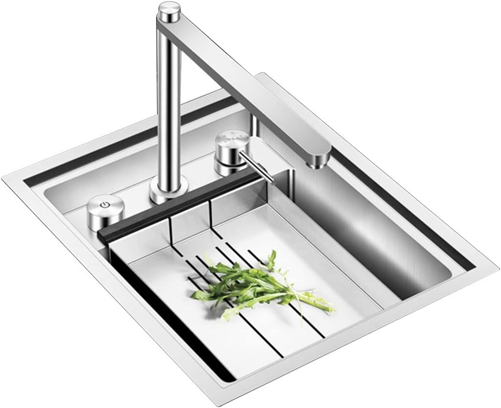 Kitchen Sink 304 Stainless Steel Kitchen Sink Stainless Steel Bar Sink Invisible Sink with Liftable Faucet with Sink Cover Drain Rack，Silver 38x47x22cm