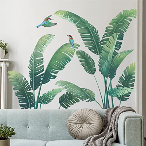 OCXEQJX Green Plant Wall Stickers, Tropical Rainforest Monstera Leaf Decal Natural Palm Leaves Nordic Green Leaf Plants Banana Leaf Bird Wall Mural Bedroom Living Room