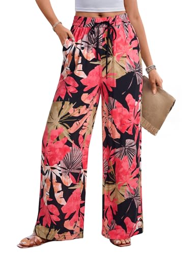 NIMIN Women Wide Leg Palazzo Pants High Waisted Casual Flowy Lounge Pants Floral Solid Beach Trousers with Pockets