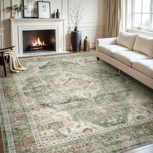 AMOAMI-Area Rug 8X10 Rugs for Living Room-Vintage Soft Green Rugs for Bedroom-Non Slip Carpet-Washable Rug for Dining Room Living Room Bedroom Office Under Table Olive Green 8' x 10' (Rectan