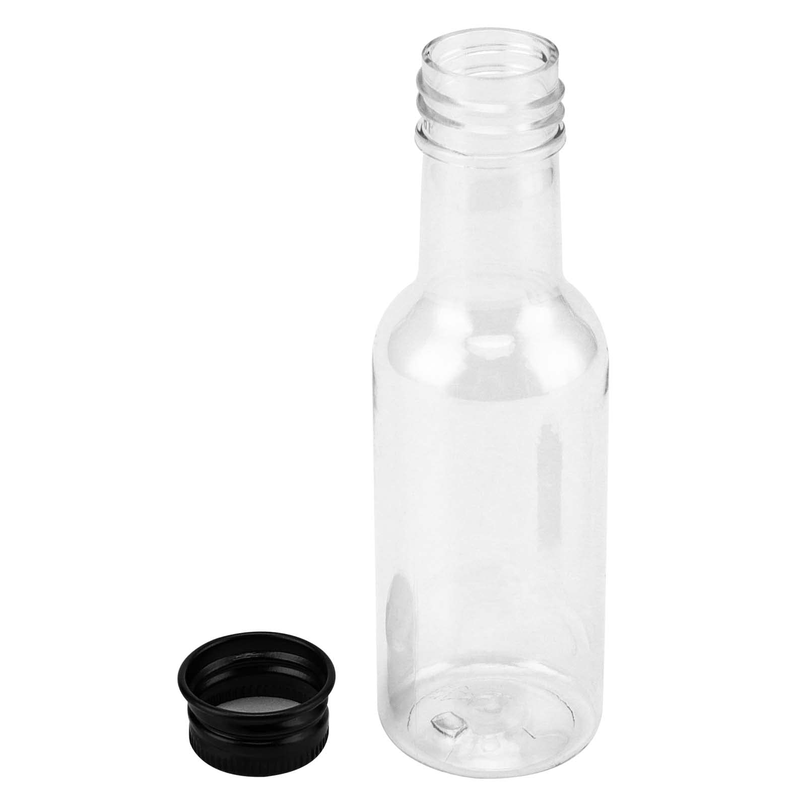 JEUIHAU Paquete de 70 botellas de alcohol de 50 ml con tapa de aluminio negro, botellas de plástico en miniatura para agua, jugo, vino, bebidas y salsa