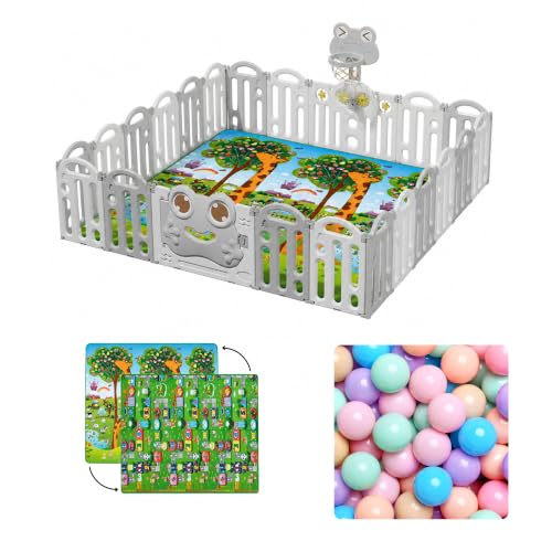 Image of Kids Station 180 x 200 cm Frog Grey Baby Playpen with Playmat & 20 Colourful Balls, Spacious Safety Play Yard for Infants & Toddlers, Strong Frame, Easy Assembly, Indoor /Outdoor