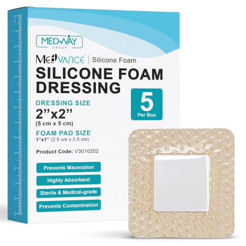 MedVance 5 Pack 2x2 Silicone Foam Dressing Bordered Dressing Waterproof Silicone Bandages for Wounds Care Bed Sore Patches Super Absorbent Wound Dressing Self Adhesive Pressure Sore Pads