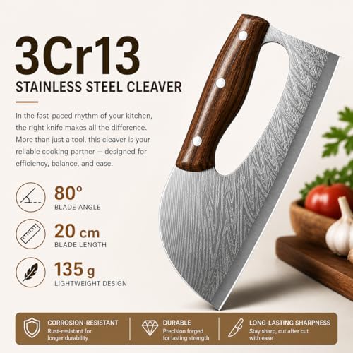 Image of Machado 3Cr13 Stainless Steel Kitchen Cleaver Knife with Ergonomic Handle | Damascus Pattern Blade, Razor Sharp Edge, Lightweight Meat & Vegetable Chopper Knife for Home Kitchen