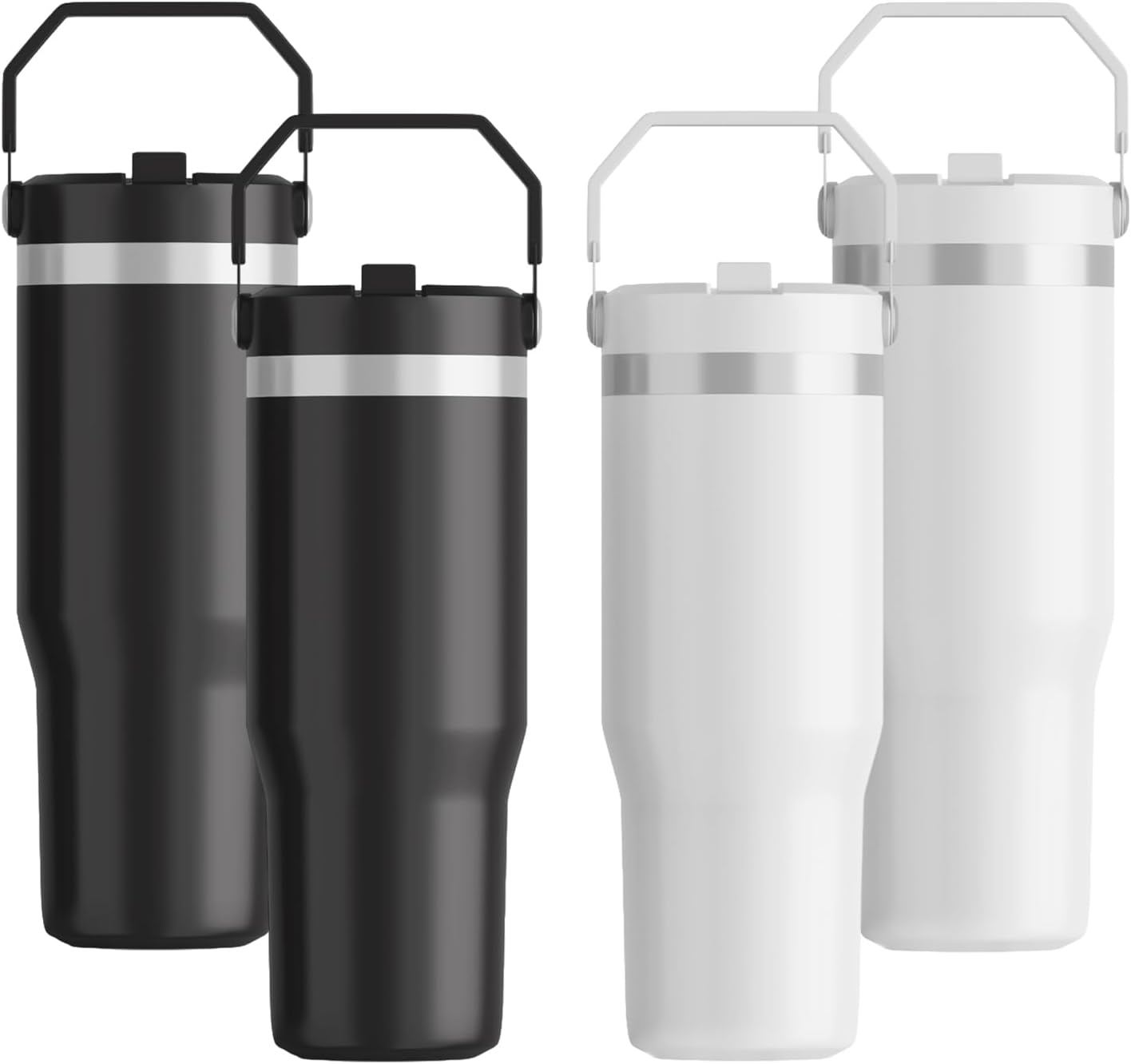 FOLAI Stainless Steel Insulated Water Bottle (4 pack), 30Oz Leak Proof Sublimation Tumblers for Hot Drinks with Wide Mouth Lids, BPA Free, Sport Bottles for Gym, Travel, Running,Hiking(Black + White)