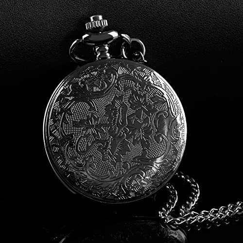 Whodoit Black Steampunk Mens Pocket Watches Tim Theme Flower Case Hollow Quartz Pocket Watches With Chain For Men #TOP4