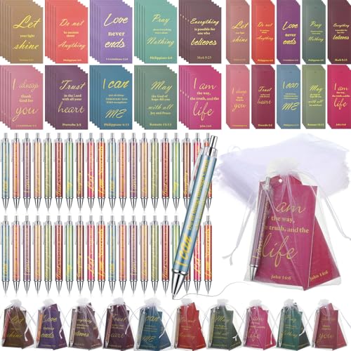Moinchore 200 stuks Bijbelgeschenken Set Inclusief 50 Bijbelverzen Notebooks 50 Christelijke Bladwijzers 50 Schrift Balpennen 50 Witte Organza Zakken voor School Kantoor Kerk Motiverende Gift
