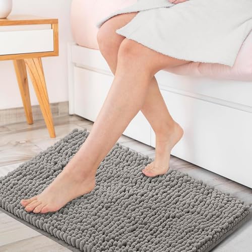UHOUSEST Bathroom Mat Set of 1, Non Slip Chenille Bath Mat Set Rugs, Extra Soft with Water Absorbent Pedestal Bath Mats for Bathroom, 40x60cm, Light Grey