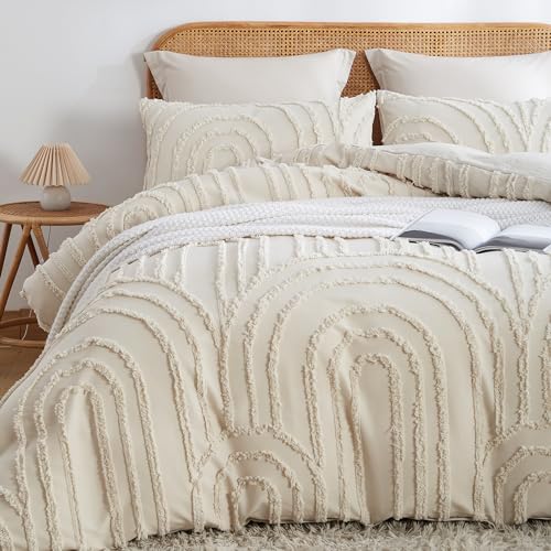 Nayoroom B0CJYKPNF7 Boho Duvet Cover Queen Size Beige Tufted Chenille Rainbow Textured Comforter Cover 3 Pcs Luxury Soft Washed Microfiber Aesthetic Bedding Set thumb #2