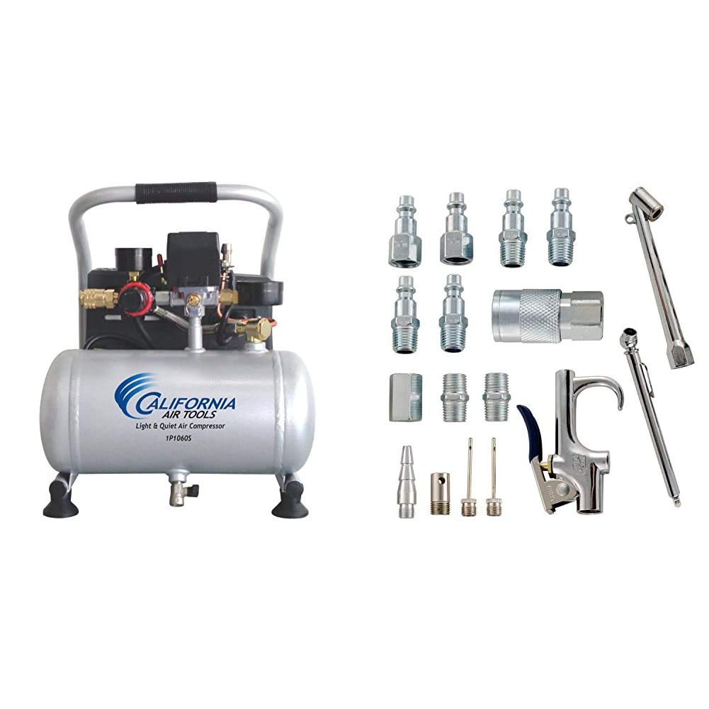 California Air Tools CAT-1P1060S Light & Quiet Portable Air Compressor, Silver & Accessory Kit, 17 Piece Compressor Inflation Kit, with Blow Gun, Air Chucks, & Inflation Needles